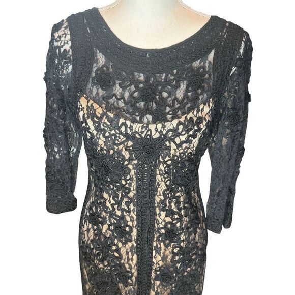 Sue Wong Black Heavily Embroidered Lace Dress Lined 3/4 Sleeve Cocktail Sz 10 - Picture 2 of 9